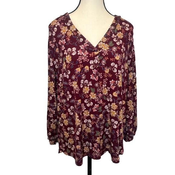Vince Camuto BURGUNDY Multicolor Floral V-Neck 3/4 Sleeve Top XL Career Casual - Picture 1 of 9